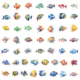 50Pcs Funny Fish Rod Decals Grouper Bass Trout Sailfish Water Bottle Stickers for Kids Vinyl Laptop Kids Stickers Pack, Kids Classroom Prizes for Elementary Students (Fish)