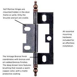 Hickory Hardware P8293-VB-10B Self Mortise Collection Flush/Full Inset Hinges for Face Frame Cabinets - Easy Installation, Free Swinging Self-Closing Hinge - Vintage Bronze Finish, Pack of 10 Pairs