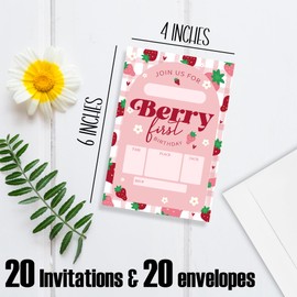 FRRCREU 1st Birthday Invitations - Berry First - 20 Pcs Double Sided Strawberry Invites With Envelopes For Boys Girls Birthday Celebration,Party Favor And Supplies - A19