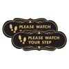 Señal de Designer Please Watch Your Step (huellas) (oro negro),