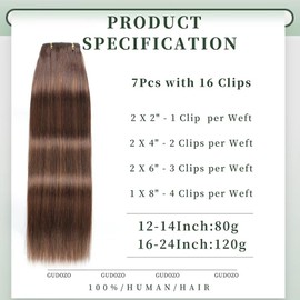 GUDOZO Clip-In Real Hair Extensions, 7 Pieces, 40 cm, 120 g, Dark Brown with Chestnut Brown Invisible Clip Extensions, Real Hair Clip Extensions, Skin Weft Hair Extensions (16 Inches, 2/2/6#)