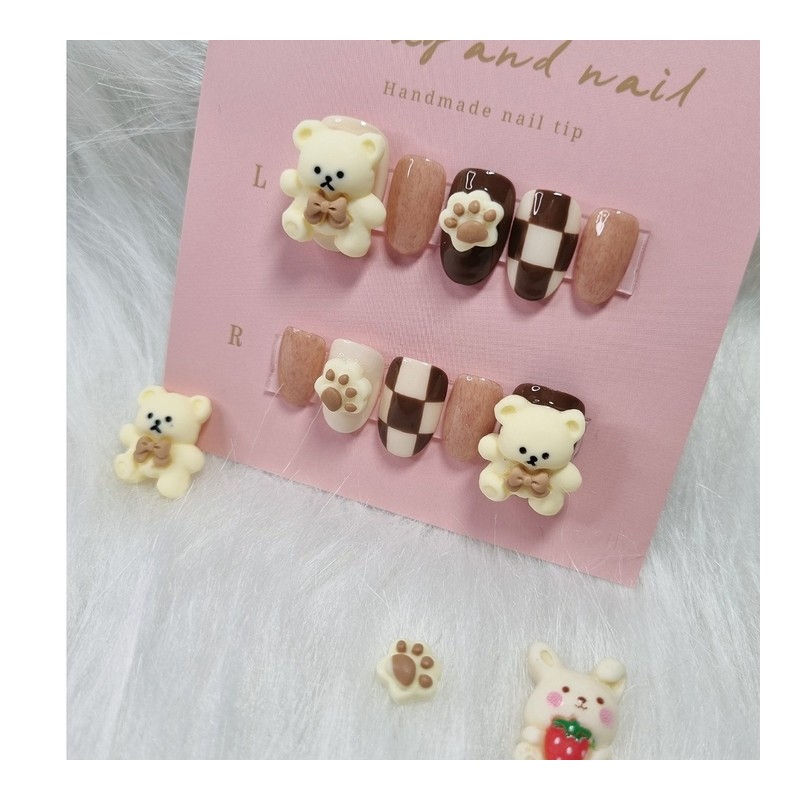 Cozy check brown bear nail tip - Coffin Egg /