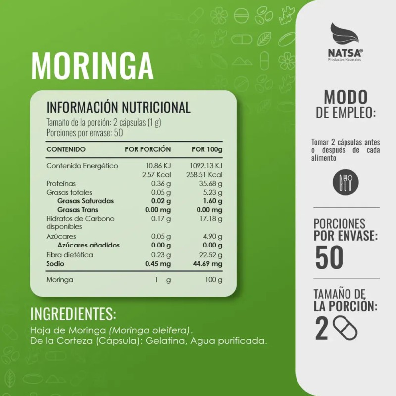 NATSA Moringa 100 Cápsulas, Calidad Premium