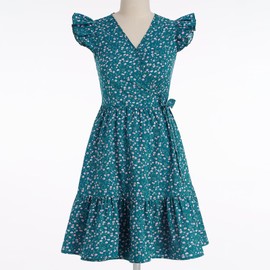 Mommy and Me Matching Dresses Boho Floral Print Ruffle Hemline Midi Hawaiian Vacation Beach A Line Dress Flutter Sleeve Summer V Neck Self-Tied Belt Mom Daughter Outfits Green Flower 2 T