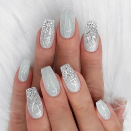 Coffin Press on Nails Short Acrylic Nails Silver Glitter Sequins Fake Nails Designs Artificial Glue on Nails Glossy Short Ballerina Stick on Nails for Women 24 Pcs / 12 Size