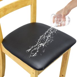 Leather Stretch Chair Seat Covers with Elastic Ties,Waterproof Dining Room PU Leather Chair Cover Seats,Removable Washable Chair Protector Seat Cushion Slipcovers for Home,Kitchen (Black, 4 PCS)