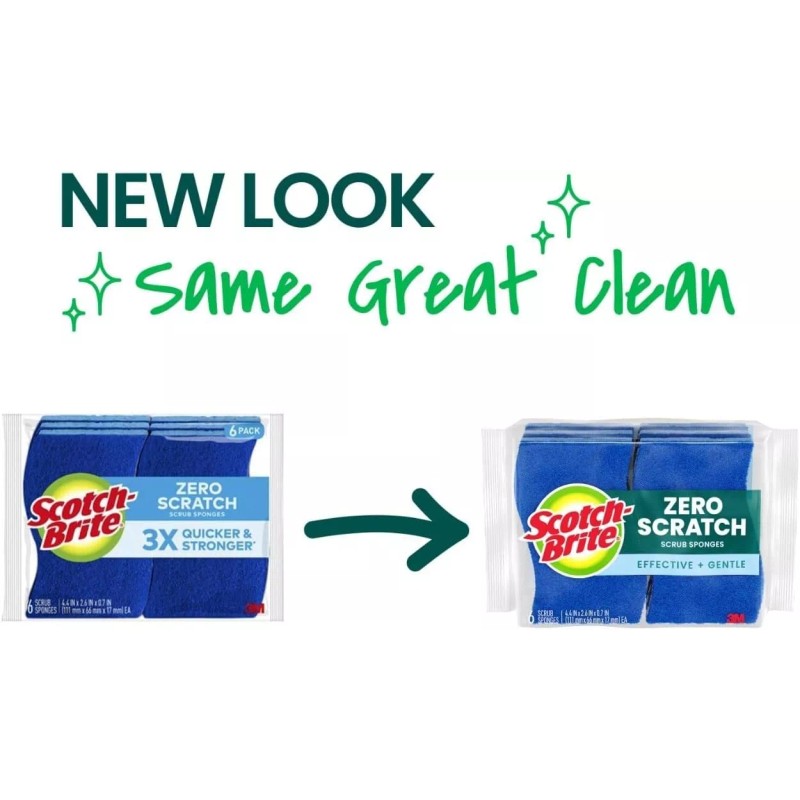 Scotch-Brite Zero Scratch Kitchen Scrub Sponges, 6-pack Dishes Bath Non-Scratch