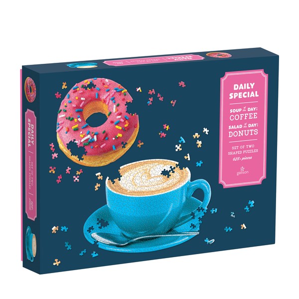 Galison Daily Special 2-in-1 Shaped Puzzle Set, 625 Pieces Total – Two Uniquely Shaped Puzzles Featuring a Donut and a Cup of Coffee - Thick, Sturdy Pieces – Challenging and Fun, Multicolor