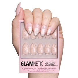 Glamnetic Press On Nails - Honeymoon | Short Almond Nude Fake Nails with 3D Nail Art and Glossy Velvet Finish, Reusable Wedding Nails | 15 Sizes - 30 Nail Kit with Glue