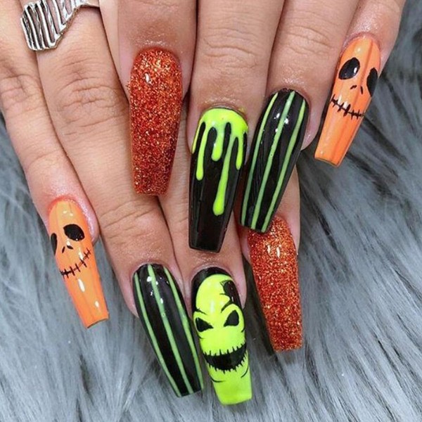 Halloween Press on Nails Medium Coffin Fake Nails with Pumpkin