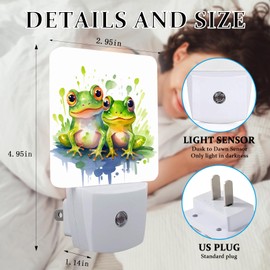 SLHFDKL Watercolor Two Frogs Night Light, Plug-into Wall Nightlight Lamp with Dusk to Dawn Sensor, Led Lamp 0.5W Energy Efficient for Boys Girls Adults Home Decor