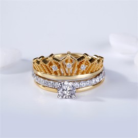 Jeulia 2 Carat Crown 925 Sterling Silver Ring For Women Crown Two Tone Round Cut Wedding Ring Sets Gold Plated Wedding Band Cubic Zirconia Engagement Ring Anniversary Promise with Jewelry Box (P-½)