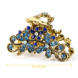 Retro Flowers Hair Claw Clip,Vintage Alloy Rhinestone Hair Jaw Clip for Women, Ladies, and Girls (Blue)