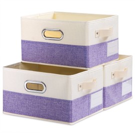 PRANDOM Fodable Storage Bins for Closet [3-pack] Decorative Fabric Storage Baskets Cubes with Leather/Metal Handles for Shelves Bedroom Living Room Purple&Cream (11.5x8.5x6.7 Inch)