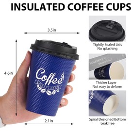 Tamone 100 Pack 12 oz Disposable Coffee Cups with Lids, Insulated Ripple Double-Walled Paper Coffee Cups for Hot Beverages, Cold/Hot Drinking To Go Coffee Cups with Lids for Parties and Travel (Grey)