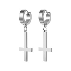 Cupimatch Cross Earrings Inverted Cross Hoop Earrings Stainless Steel Earrings Gothic Men Women Upside Down Cross Earrings, Stainless Steel