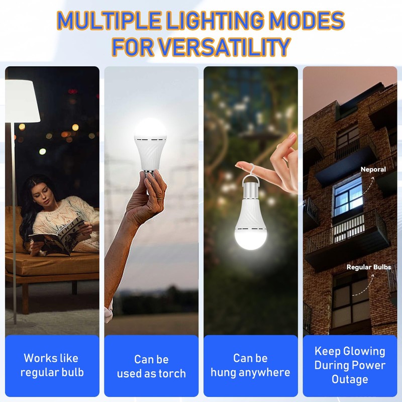 Neporal LITE Emergency Rechargeable Light Bulbs A19, Light Up to