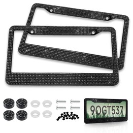 Black Bling License Plate Frames for Women, 2 Pack Stainless Steel Rhinestone License Plate Holder, Sparkly Diamond Glitter Bedazzled