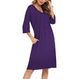 YYA Nightgowns for Women 3/4 Sleeve Sleepwear Lace Comfy Sleep Gowns Pleated V Neck Plus Size Nightshirt Purple L