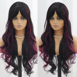 SISIFIRE Black Purple Highlight Long Wavy Wigs for Women Curly Small Lace Front Wig Synthetic Heat Resistant Fiber Middle Part Wigs for Cosplay Party Use