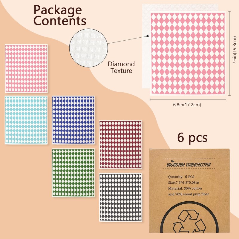 Kaufibre 6 Pack Swedish Dish Cloths for Kitchen,Reusable Checkered Dish