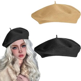 2 PCS Women Vintage French Beret Wool for Women Solid Color Classic French Beret Elegant Soft Stretchy Cap Lightweight Classic Solid Winter Hat Trendy & Comfortable Accessory Black