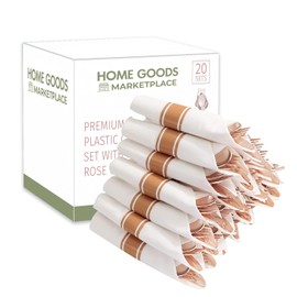 Rose Gold Plastic Silverware Pre-Rolled Sets; Fork, Spoon, and Knife Rolls, Pack of 20 Pre-Rolled Sets