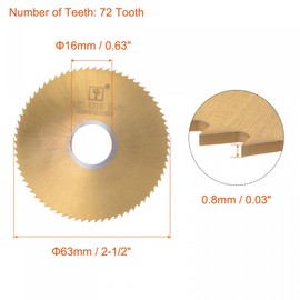 sourcing map Circular Saw Blade, 63mm (2-1/2") Dia 0.8mm Thick 72 Tooth, M35 Cobalt High Speed Steel Titanium Coated Milling Cutter with 16mm Arbor for Stainless steel Copper