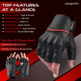 aaasportx Motorcycle Gloves Men's Leather Motorbike Gloves Touchscreen Function - Men & Women Non-Slip Pads (Half Finger Perforated, Red, Large)