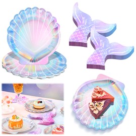 Qeeenar 100 Pcs Mermaid Party Supplies Set 50 Mermaid Dessert Plates and 50 Mermaid Tail Napkins Mermaid Party Decorations Seashell Paper Plates Mermaid Tail Plates for Birthday Baby Shower(Shell)