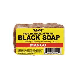 Taha African Black Soap Bar, Organic & 100% Natural, Soothing & Moisturizing, Healthy Cleansing – Great for Blemishes, Acne, Dry Scalp, and More, Natural Scent, 5 Oz (Mango, Pack of 1)