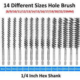 MOCNT Pack of 14 Stainless Steel Wire Brush Cylinder Hole Brush Pipe Cleaning Brush 1/4 Inch Hex Bar Borehole Brush Boiler Brush Stove Pipe Brush Drill Polishing