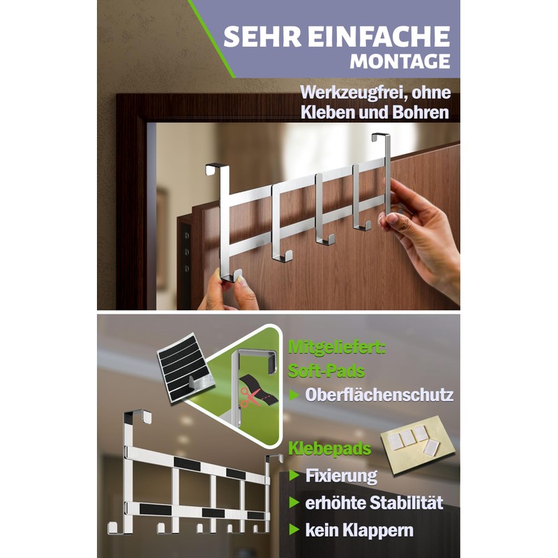 Menz Door Coat Rack for Hanging, Silver-Coloured Stainless Steel Door