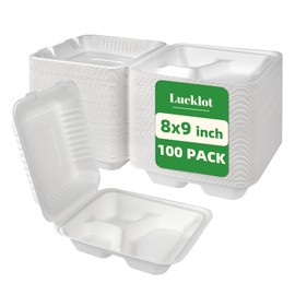 100 Pack 8×9 Inch 3-Compartment Compostable Bagasse Food Containers