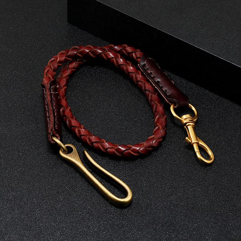 Rockyu Men's Genuine Leather Braided Brown Pant Chain Wallet Chain