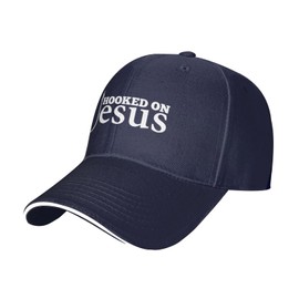 Funny Hooked On Jesus Christian God Faith Cross Trucker Hat Fun Summer Baseball Cap Black Snapback Dad Hat, Navy Blue, One Size