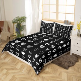 jejeloiu Heart Love Bedding Duvet Cover Set King Size Romantic Love Pattern Bedding Set Valentine's Day Comforter Cover Set Geometry Black and White Bedspread Cover Bedroom Bedclothes