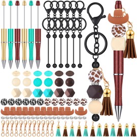 Colarr 12 Pcs Beadable Pens and Beadable Keychain Bars with Colorful Beads Assorted DIY Making Kit for Pens Keychain Pendant for Women Kid Student Office Jewelry Craft (Cowboy Theme)