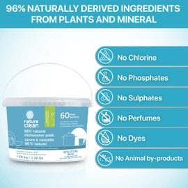 NATURE CLEAN Natural Dishwasher Detergent Pods + Natural Rinse Aid Liquid Set. Plant-Based Fragrance-Free Organic Pods. Eco-Friendly Dishwasher Tablets. 60 count + 8 oz