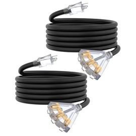 15Ft 12 Gauge Outdoor Extension Cord with 3-Outlets, 2 Pack, Heavy Duty 3 Prong Extension Cord Waterproof with Lighted end, 15A SJTW, ETL Listed, Black