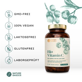 Nature Basics® natural BIO vitamin C certified & sustainable in a jar |CO2-neutral | 180 capsules high-dosed | 471mg organic acerola powder & 667mg organic CamuCamu powder per daily dose