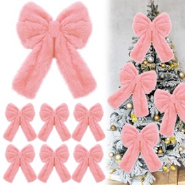 Janinka 6 Pcs Large Faux Fur Christmas Bow Ornaments Plush Christmas Tree Decorations 9.1x13.4 Inch Fluffy Fuzzy Bows for Xmas Wreath Door Window Mantle Staircase Indoor(Pink,Plain)