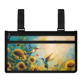 Gomyblomy Sunflower Hummingbird Wheelchair Armrest Pouch, Portable Wheelchair Side Bag with Cup Holder for Mobility Chair Rollator Walker Wheelchairs, Office Chair Armrest Bag