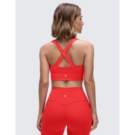 CRZ YOGA Butterluxe Womens Ruched Longline Sports Bras - V Neck Padded Yoga Tank Wide Straps Cross Back Crop Tops Deep Red Medium