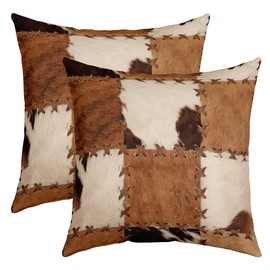 Cowhide Throw Pillow Covers 16x16 Set of 2, Patchwork Cow Fur Print Decorative Square Pillow Cases For Home Sofa Couch, Farm Animal Pillow Covers, Western Cowboy Farmhouse Cushion Covers, Brown White