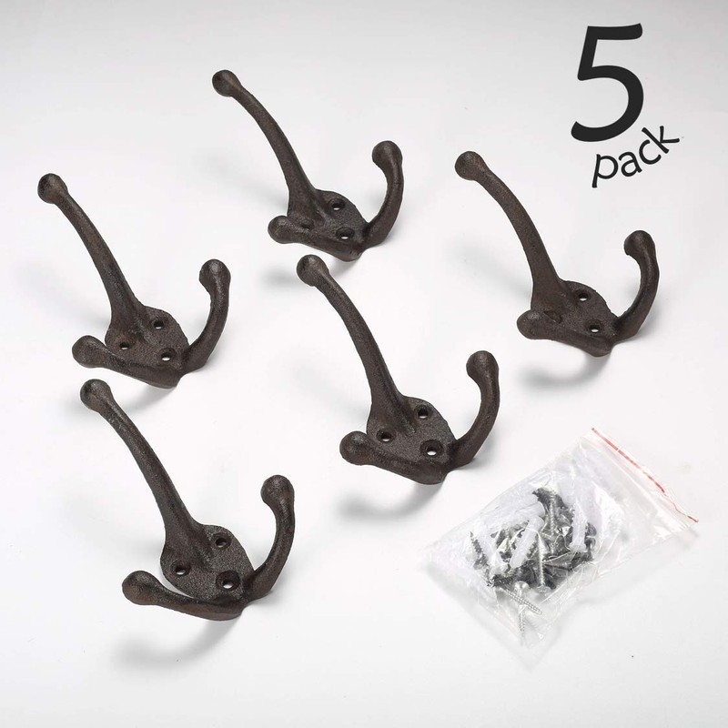 Ambipolar 5-Pack TriLeg Coat Hooks. Wall Mounted, Heavy Duty Decorative