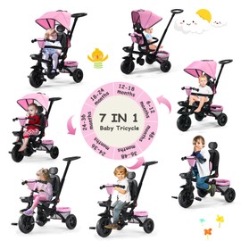 Kinder King Kids Tricycle, 7 in 1 Folding Toddler Trike w/Adjustable Push Handle, Rotatable Seat, Adjustable Canopy, Safety Harness, Storage, Toddler Stroller Bike for Age 6 Months+,Pink