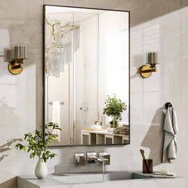 HARRITPURE 24"x36" Rectangular Bathroom Mirror Black Wall Mirror Aluminium Alloy Frame Wall-Mounted Mirror for Entryway Bedroom Living Room