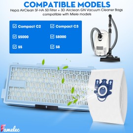 FAMELEC Replacement Parts for Miele Vacuum Cleaner Type GN, Hepa AirClean SF-HA 50 Filter + Miele Vacuum Cleaner Bags Compatible with Meile for S5000 (S5), S8000 (S8), Complete C2, Complete C3 Series