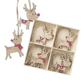 8 Wooden Reindeer Christmas Tree Decorations, Novelty Flat Christmas Baubles, Hanging Decorations, Rudolf Decorations, Boxed Decorations